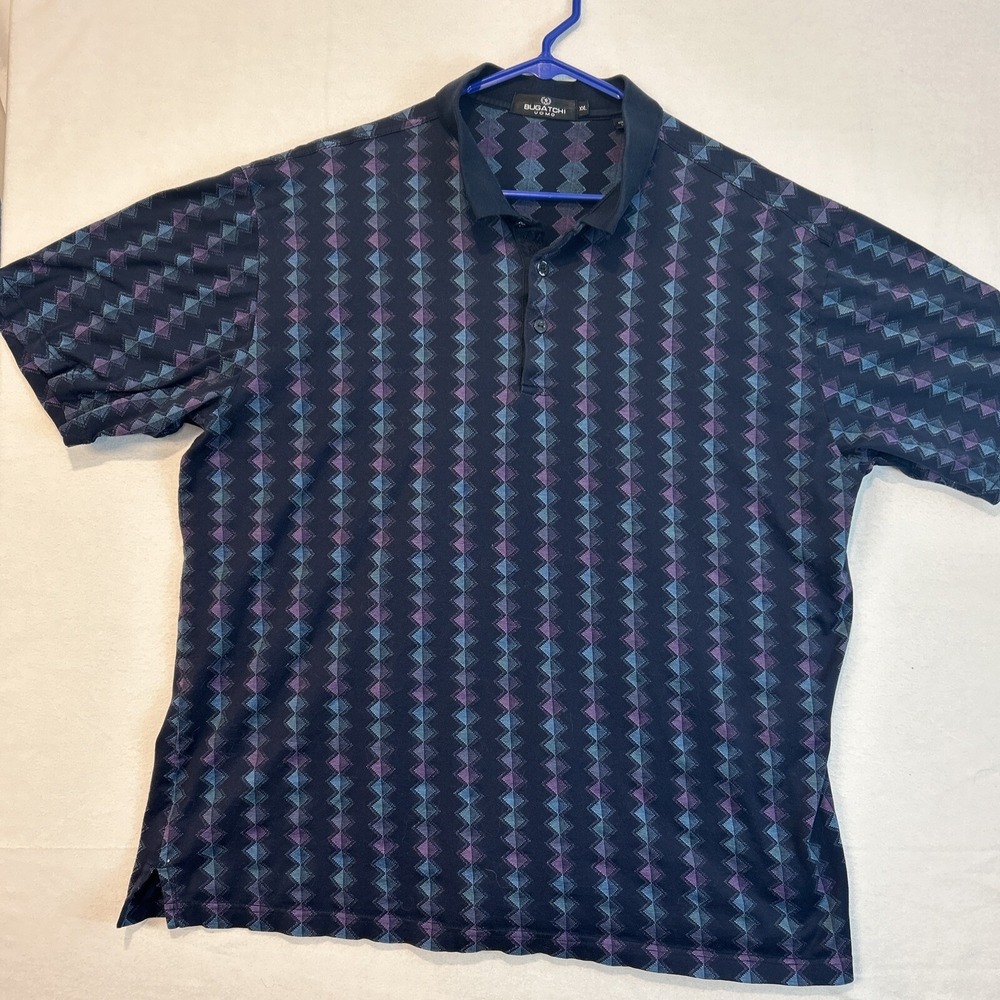 Bugatchi Uomo Mens Polo Shirt XXL Short Sleeve Geometric Diamond Golf Blue